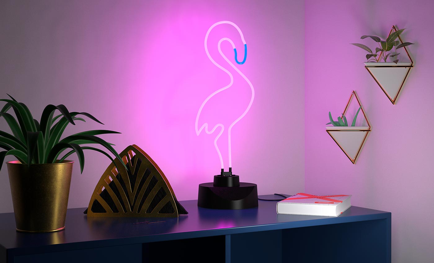 Fertiges 3D Rendering einer Neon Lampe in Flamingo-Form