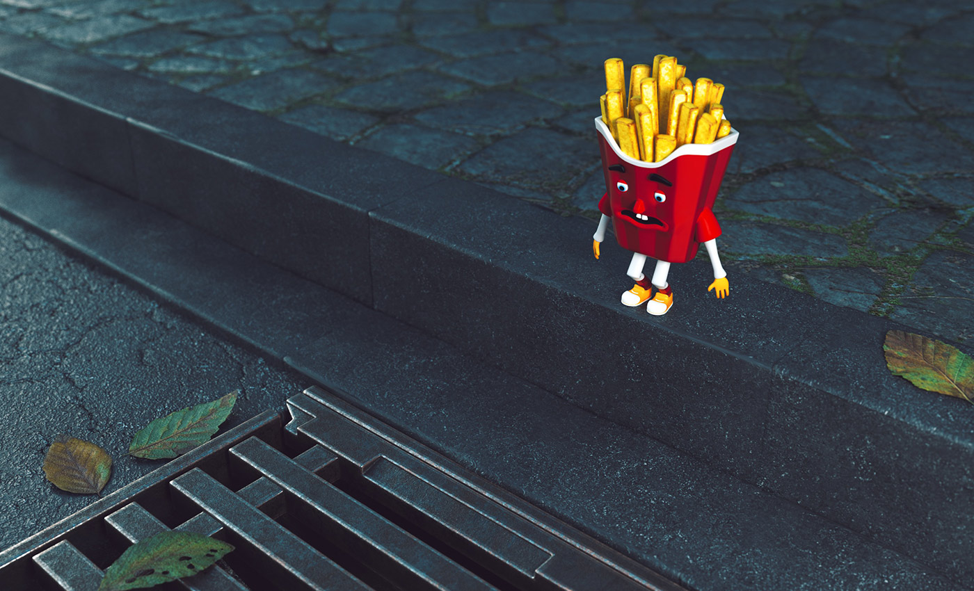3D Rendering einer Comic-Figur, die aussieht wie eine Pommes-Schachtel, steht an einer Bordsteinkante und blickt auf einen Gulli