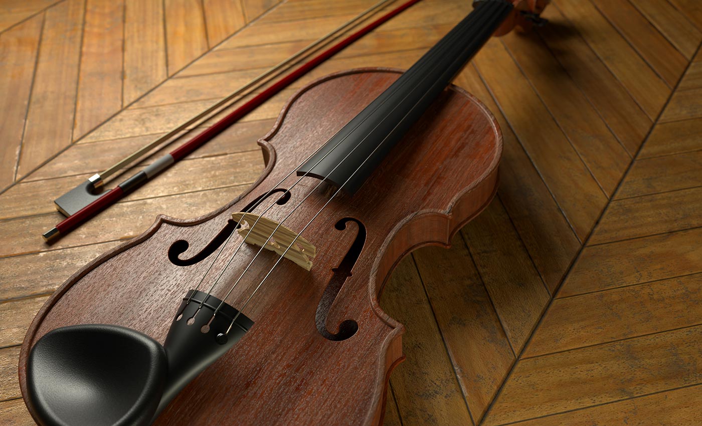 3D Rendering einer leicht abgenutzten Violine auf Parkettboden liegend