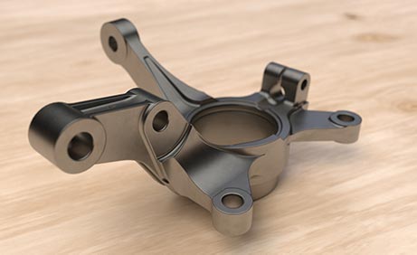 3D-Rendering eines metallischen Achsschenkels auf hölzernem Boden